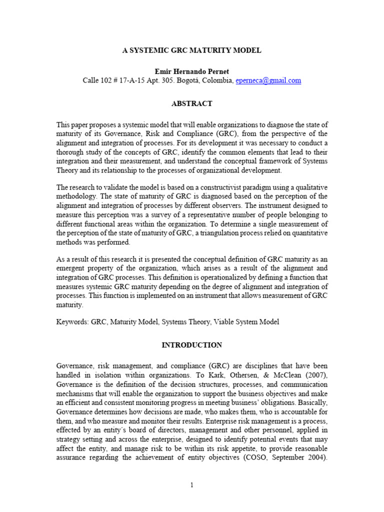 A Systemic Grc Maturity Model Emir H Per Pdf Governance Variance