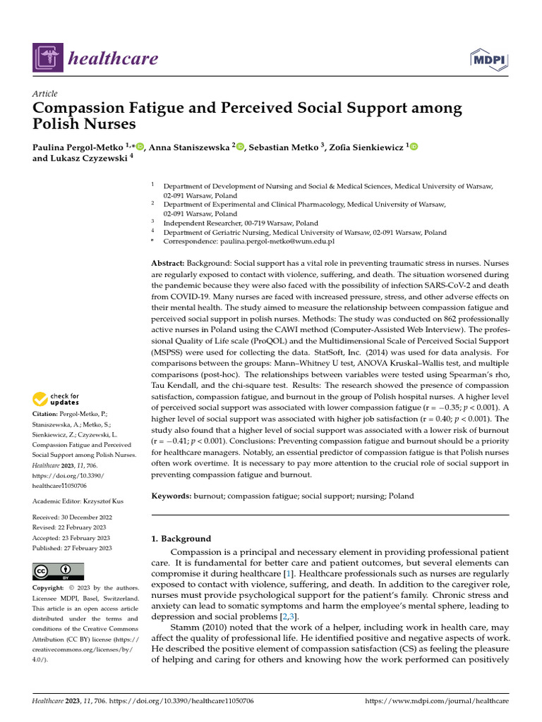 Compassion Fatigue and Perceived Social Support Among Polish Nurses ...