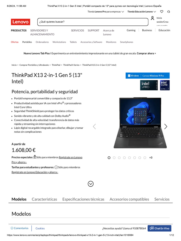ThinkPad X13 2In1 Gen 5 Intel Portátil Compacto de 13 para Pymes Con Tecnología Intel