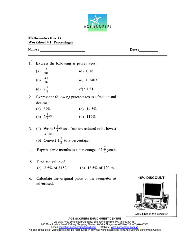 Sec 1 Mathematics Worksheet: Percentages | PDF | Business