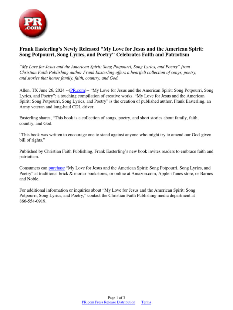 Frank Easterling's Newly Released "My Love For Jesus and The American