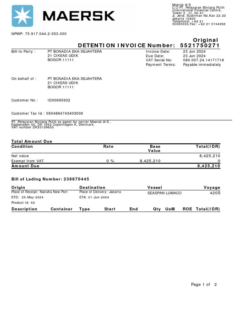 Maersk Detention Invoice Details | PDF | Value Added Tax | Invoice