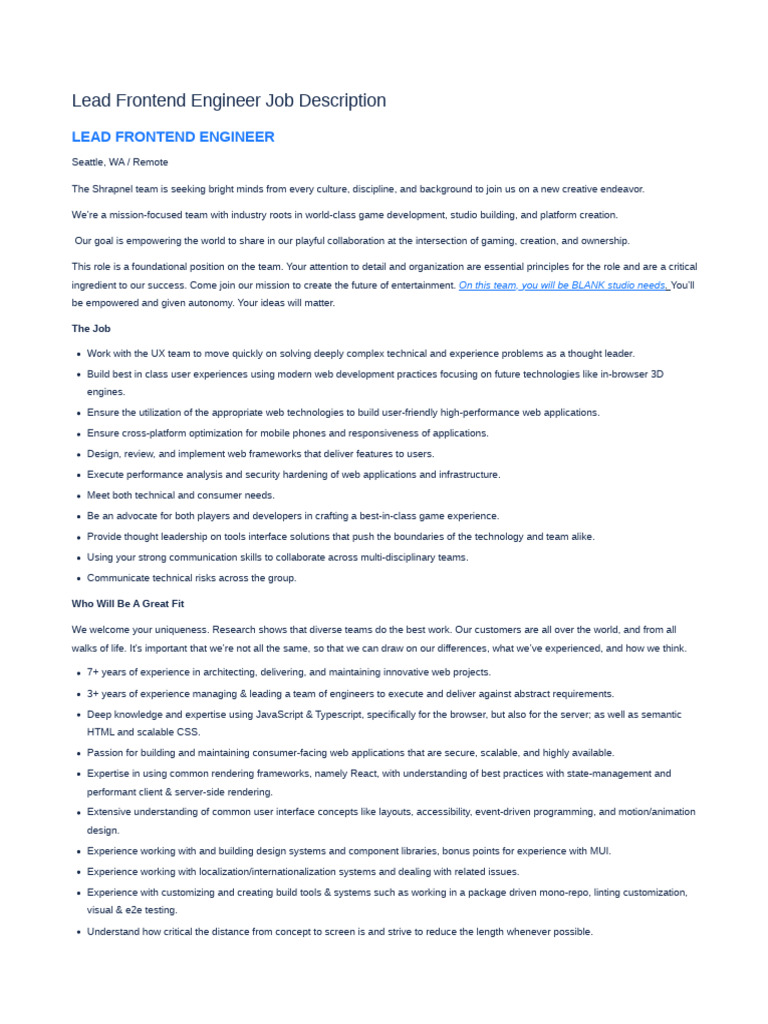 SS-Lead Frontend Engineer Job Description-040524-002208 | PDF ...