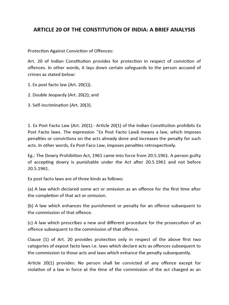 Safeguards Under Article 20 of India | PDF | Ex Post Facto Law | Self ...