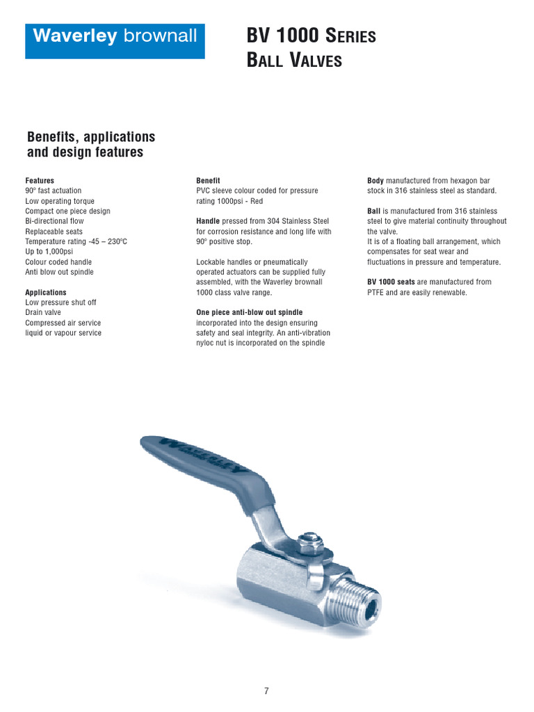 Waverley Brownall BV 1000 Ball Valves | PDF | Valve | Hydraulics