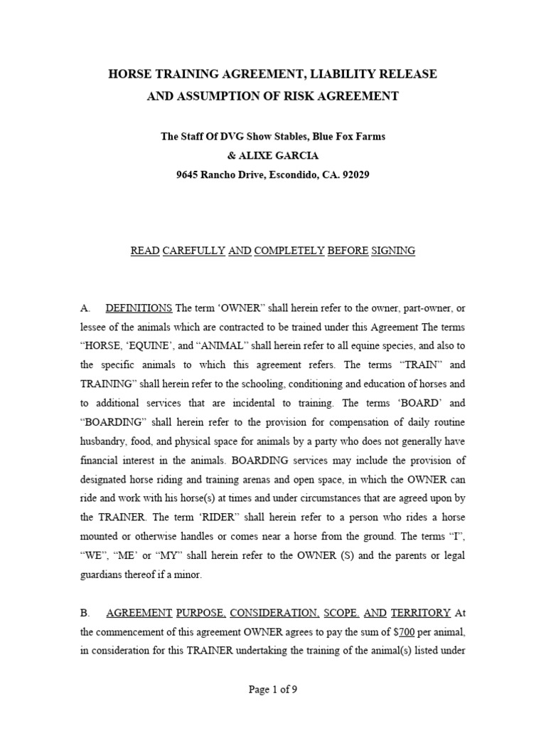 Horse Training Agreement Contract | PDF