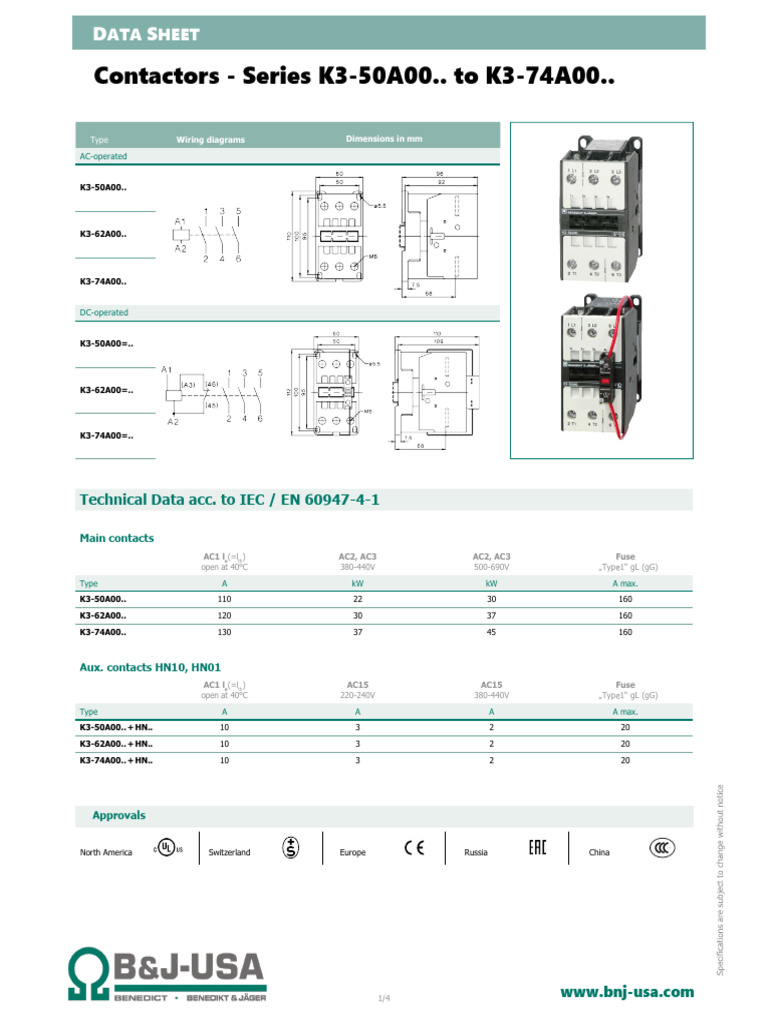Contactors K3 50A00 To K3 74A00 Datasheet | PDF | Power (Physics ...