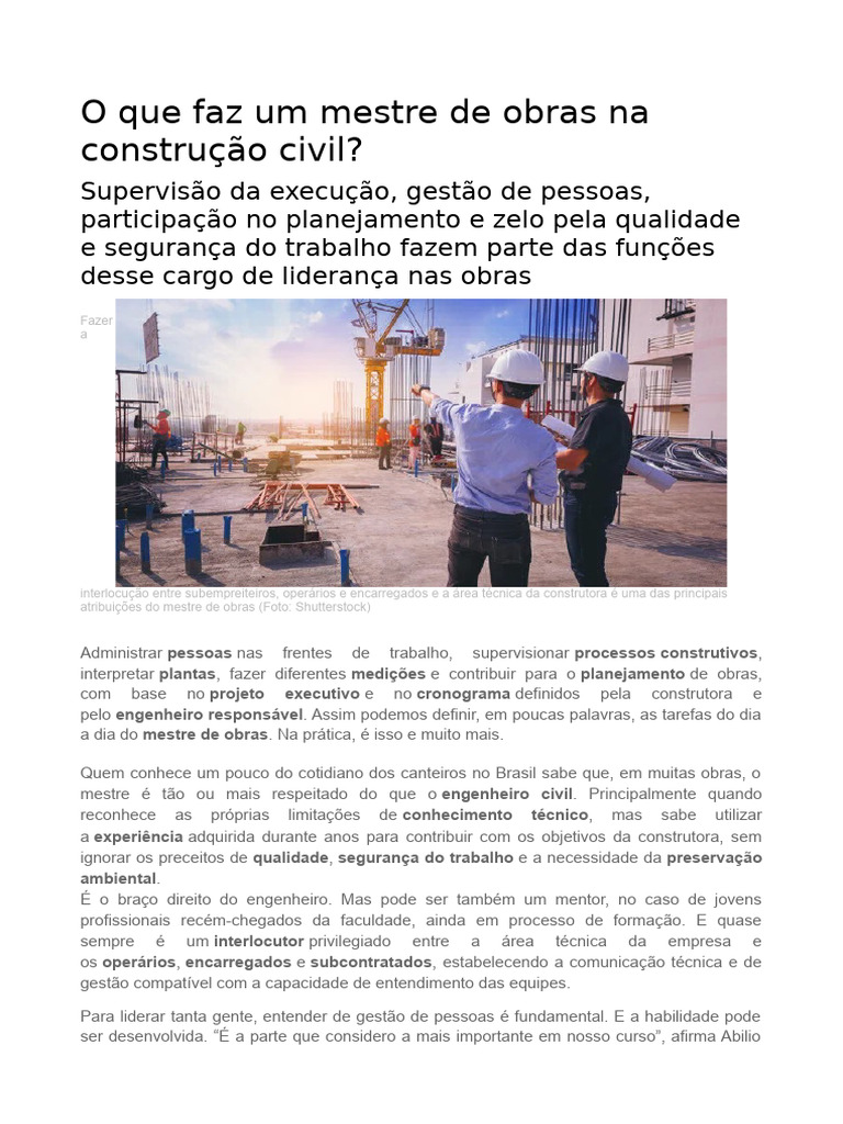 Funções e Habilidades do Mestre de Obras | PDF | Gestão de recursos ...