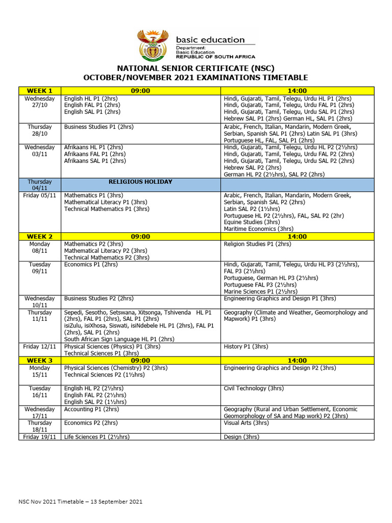 Nov 2021 NSC Timetable - 13 September 2021 - Final | PDF | Languages ...
