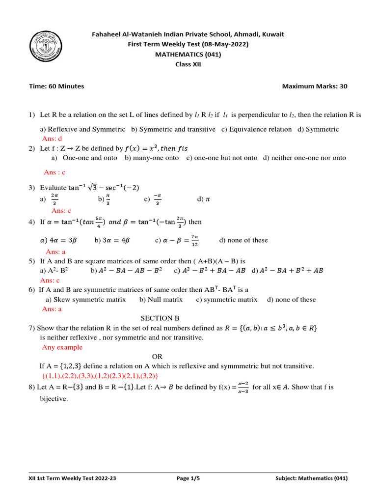 XII Mathematics Weekly Test 2022-23 | PDF | Mathematical Concepts ...