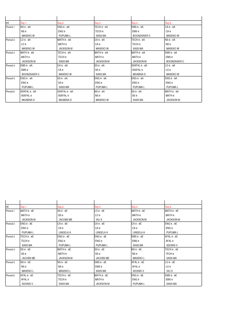 Grade 8 Weekly Class Schedule | PDF | Foreign Language Studies