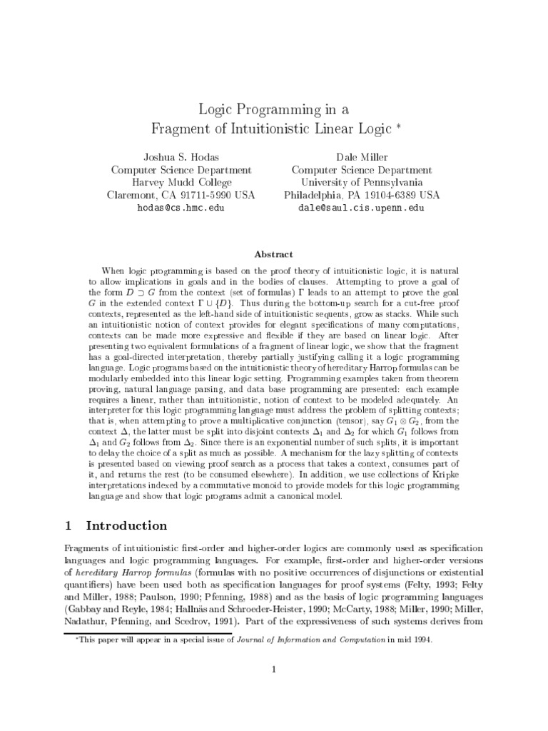 Logic Programming with Linear Logic | PDF | Logical Consequence | Logic