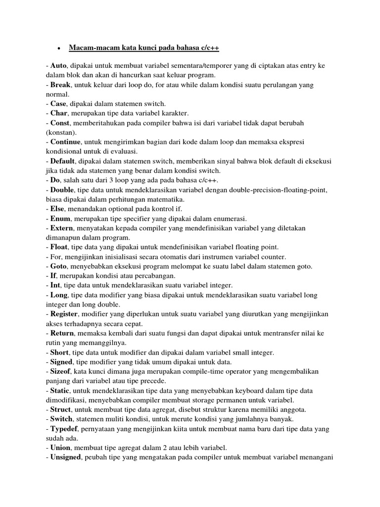 Macam Kata Kunci dalam C/C++ | PDF