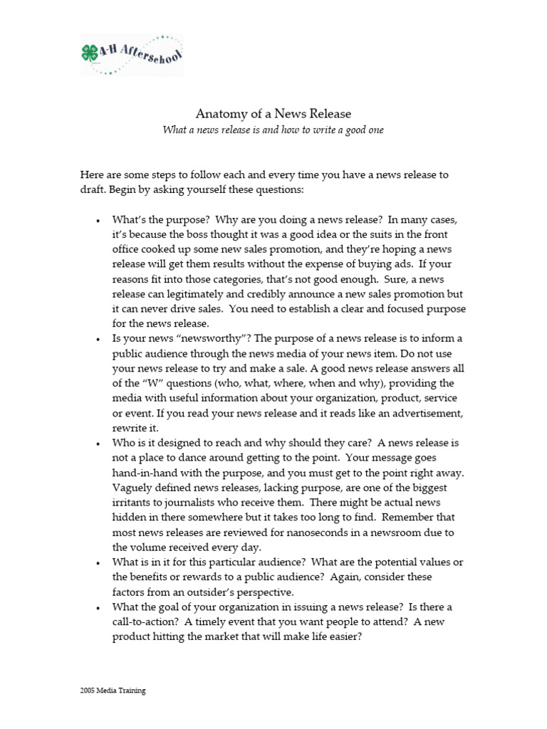 Anatomy of A News Release PDF News Press Release