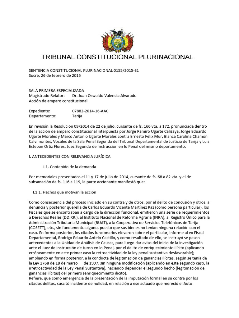 Amparo Constitucional Tarija 2015 | PDF | Debido al proceso | Caso de ley