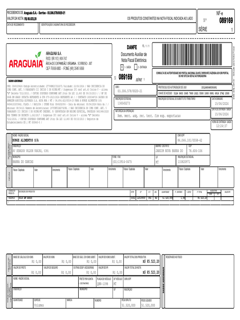 DANFE: Nota Fiscal Eletrônica de Soja | PDF | Recibo | Documentos ...