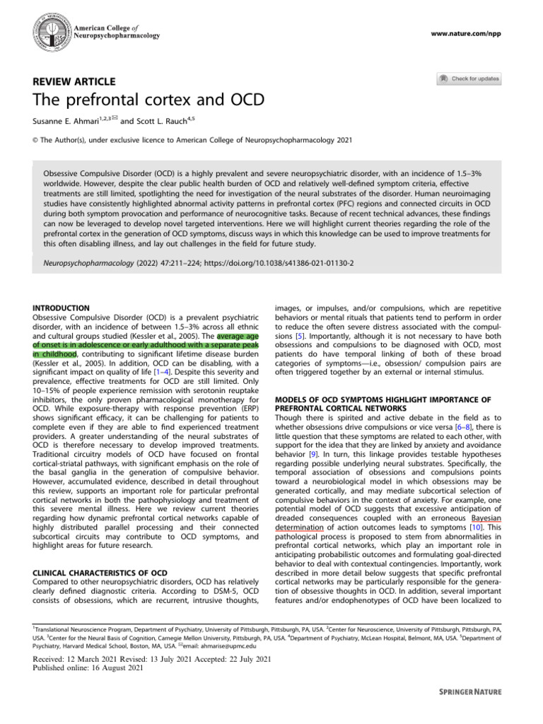 Ahmari - Rauch - 2022 - The Prefrontal Cortex and OCD | PDF | Obsessive ...