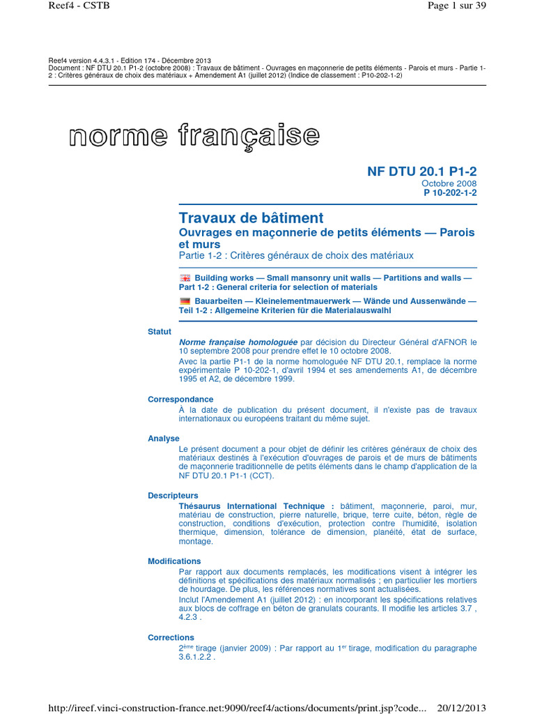 Travaux de Bâtiment: NF DTU 20.1 P1-2 | PDF | Mortier (matériau) | Béton