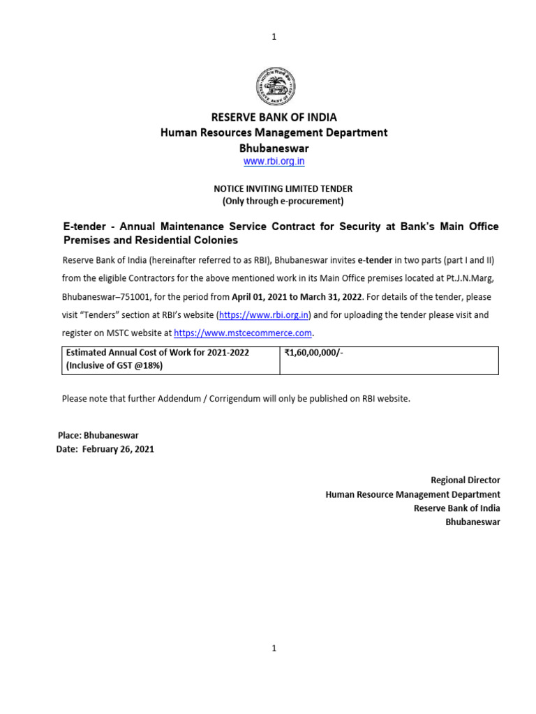 RBI E-Tender for Security Services | PDF | Arbitration | Security Guard