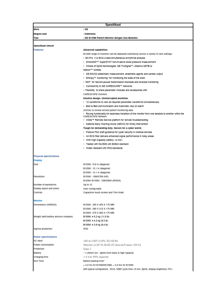 Spec B125M Patient Monitor Dengan Gas Module | PDF | Monitoring ...