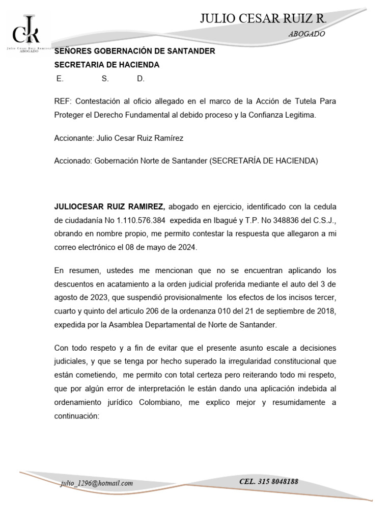 Contestación a Acción de Tutela Tributaria | PDF | Impuestos | Debido ...