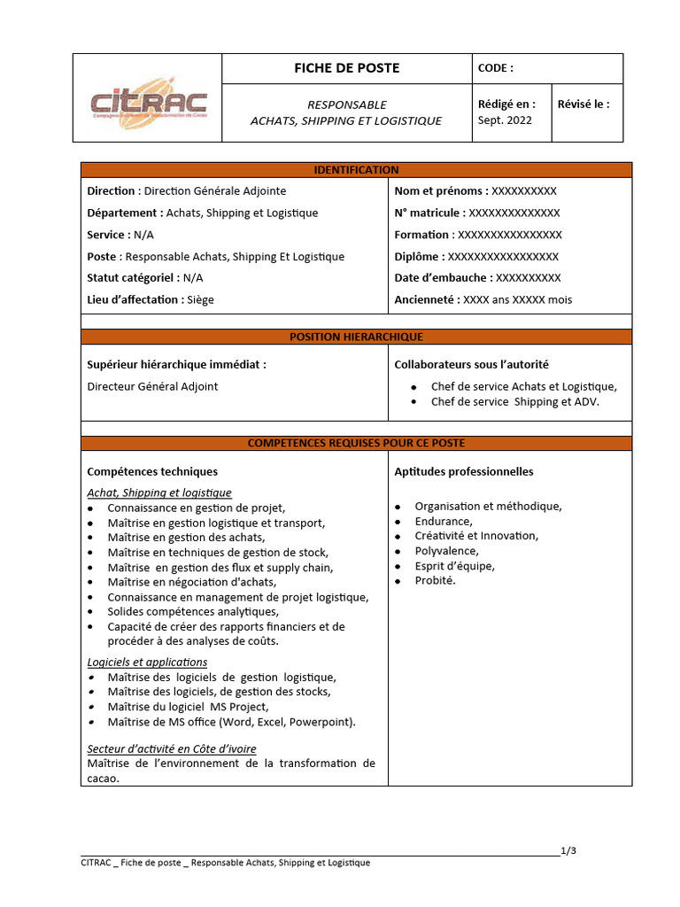 Fiche de poste : Responsable Achats et Logistique | PDF | Logistique ...