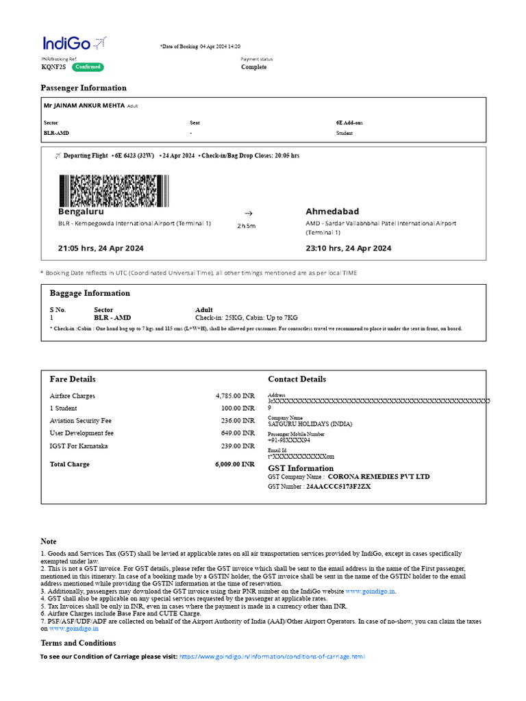 Jainam Mehta - Bangalore To Ahmedabad - 24-4-2024 - Student Fare ...