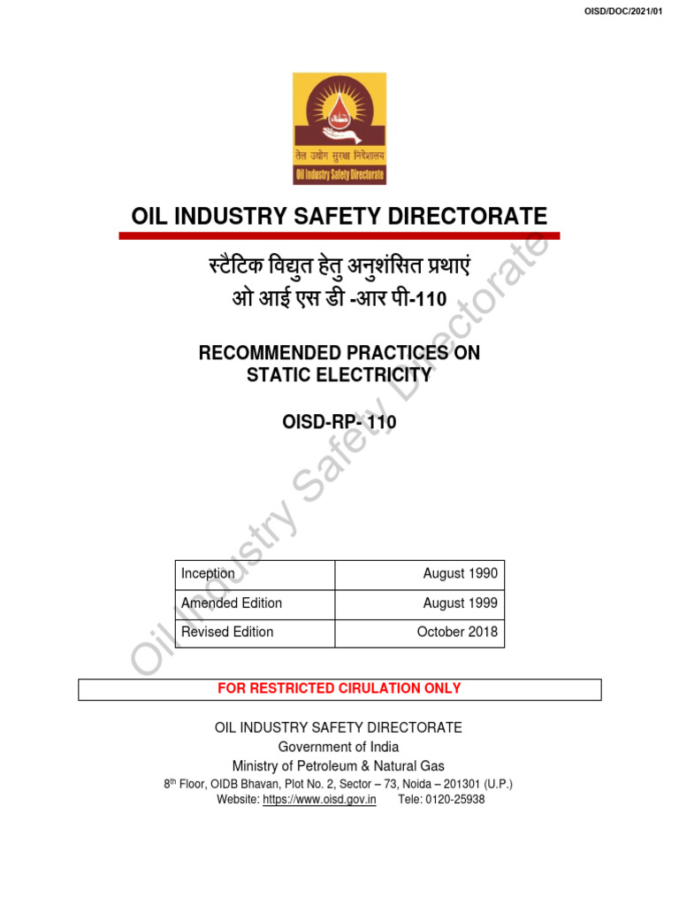 OISD RP-110: Static Electricity Practices | PDF | Electrical ...