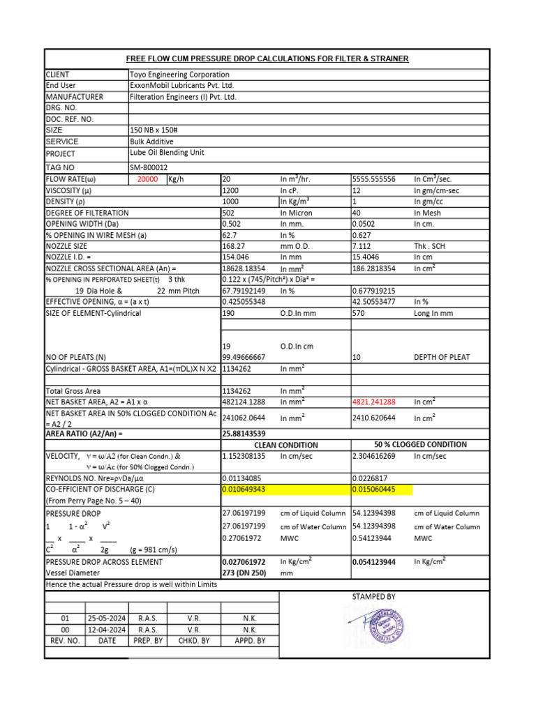 Free Flow Cum Pressure Drop Calculations For Filter & Strainer | PDF ...