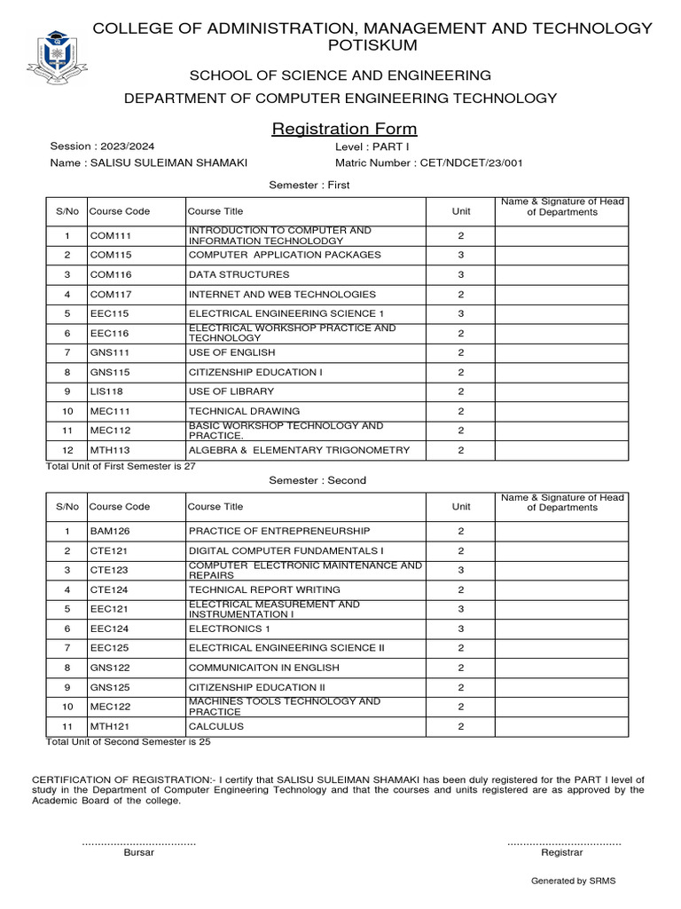 Computer Engineering Registration Form 2023 | PDF | Engineering ...