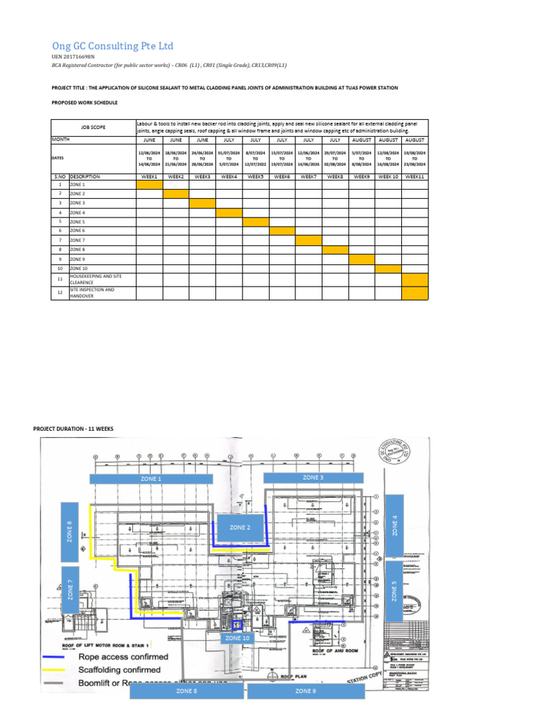 PROPOSED WORK SCHEDULE FOR THE APPLICATION OF SILICONE SEALANT TO METAL
