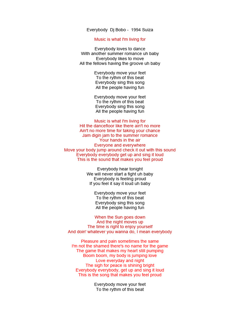 Everybody - DJ Bobo Lyrics Analysis | PDF | Poetry