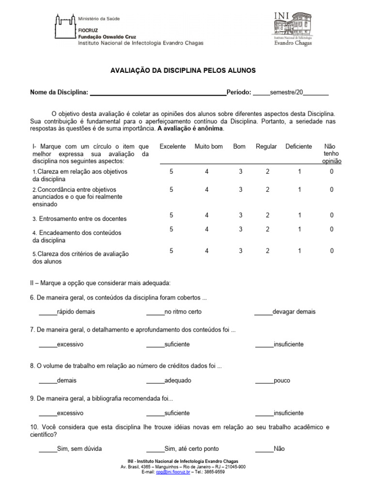 Avaliação da Disciplina no INI | PDF