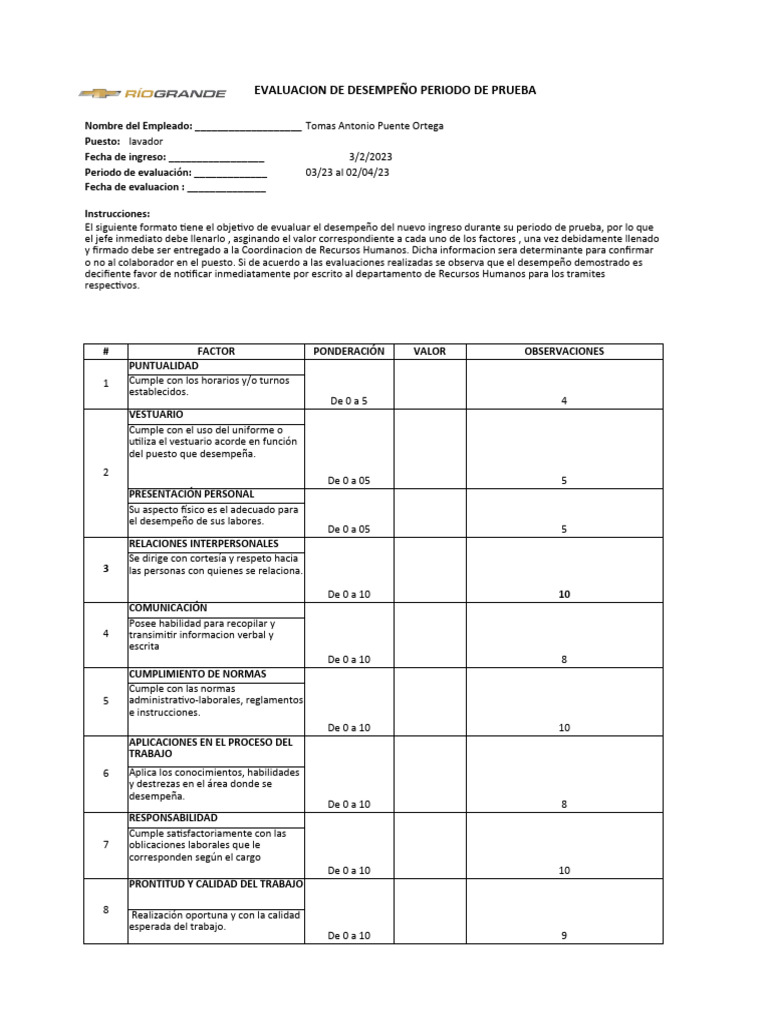 Formato Evaluación de Desempeño Por Periodo de Prueba | PDF | Evaluación