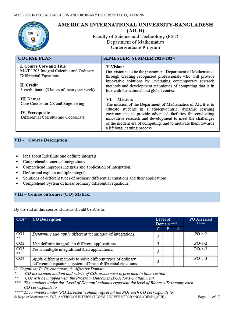 MAT 1205 Course Overview: Calculus & ODEs | PDF | Integral | Equations