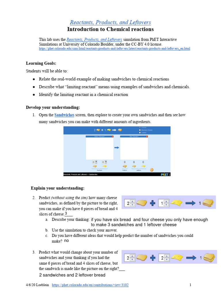 PhET Lab - Reactants Products and Leftovers - Student Guide | Download ...