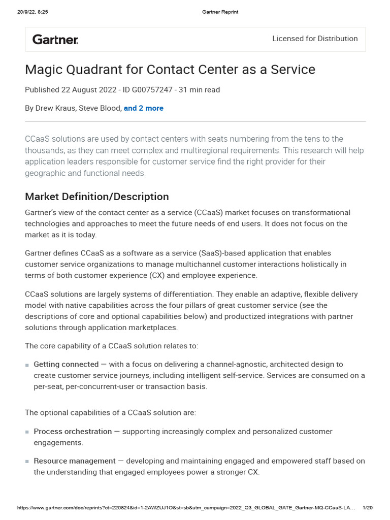 2022 Gartner Magic Quadrant For Contact Center As A Service (CCaaS
