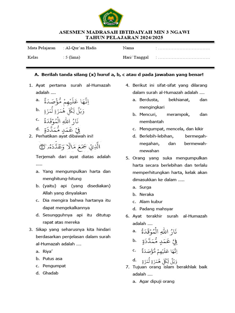 Mempersiapkan Jantung Pendidikan Dasar: Memahami dan Menguasai Soal UAS Madrasah Ibtidaiyah Kelas 1