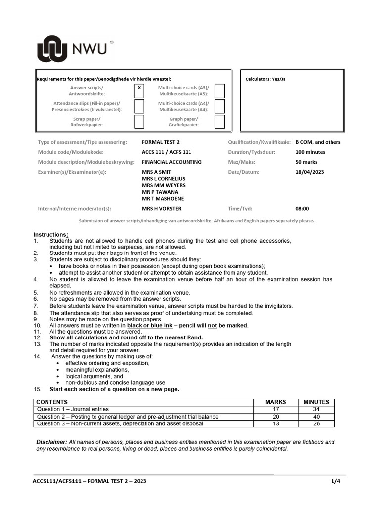 2023+ACCS111+Formal+Test+2+Final+ 3 | PDF | Depreciation | Cash