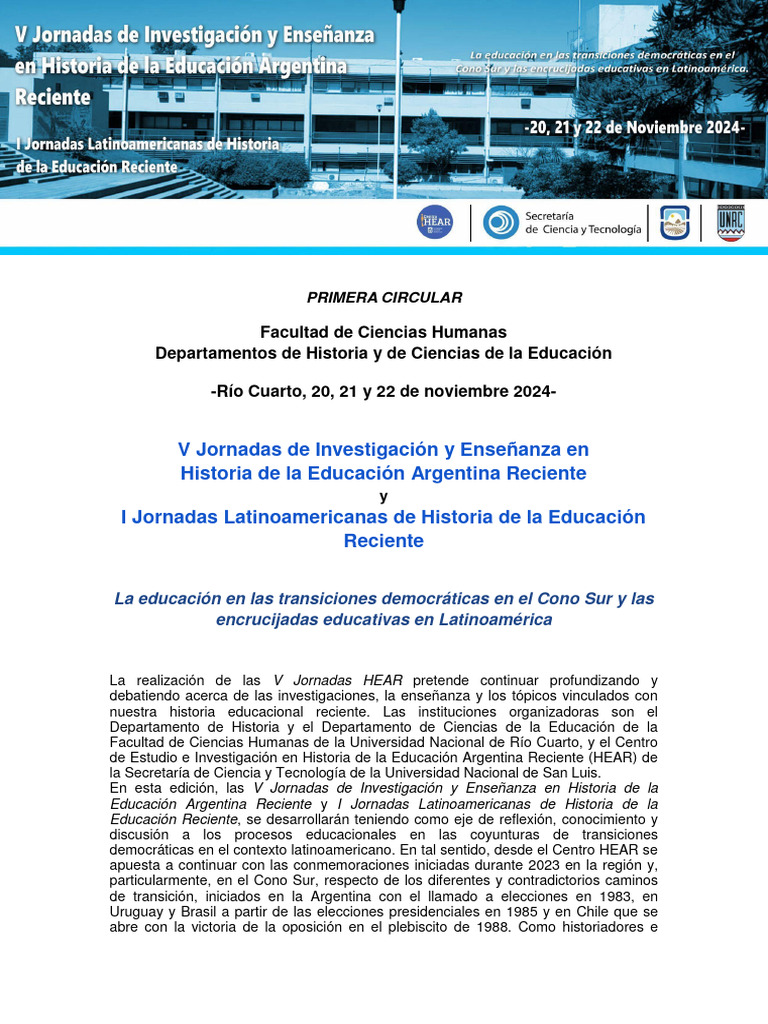 1°circular V Jornadas HEAR-2024 | PDF | America latina | Sumario abstracto)