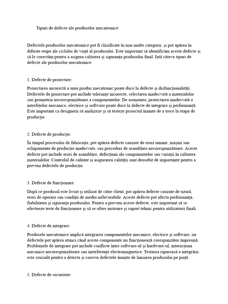 Tipuri de Defecte Ale Produselor Mecatronice | PDF