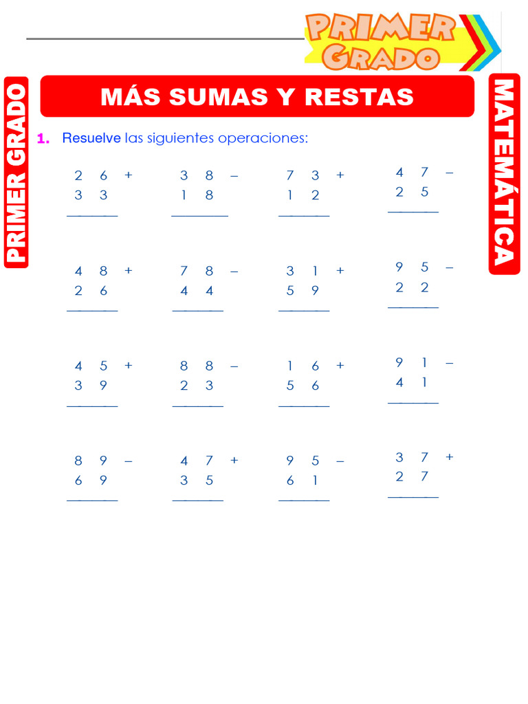 Ejercicios De Sumas Y Restas Para Primer Grado De Primaria Pdf