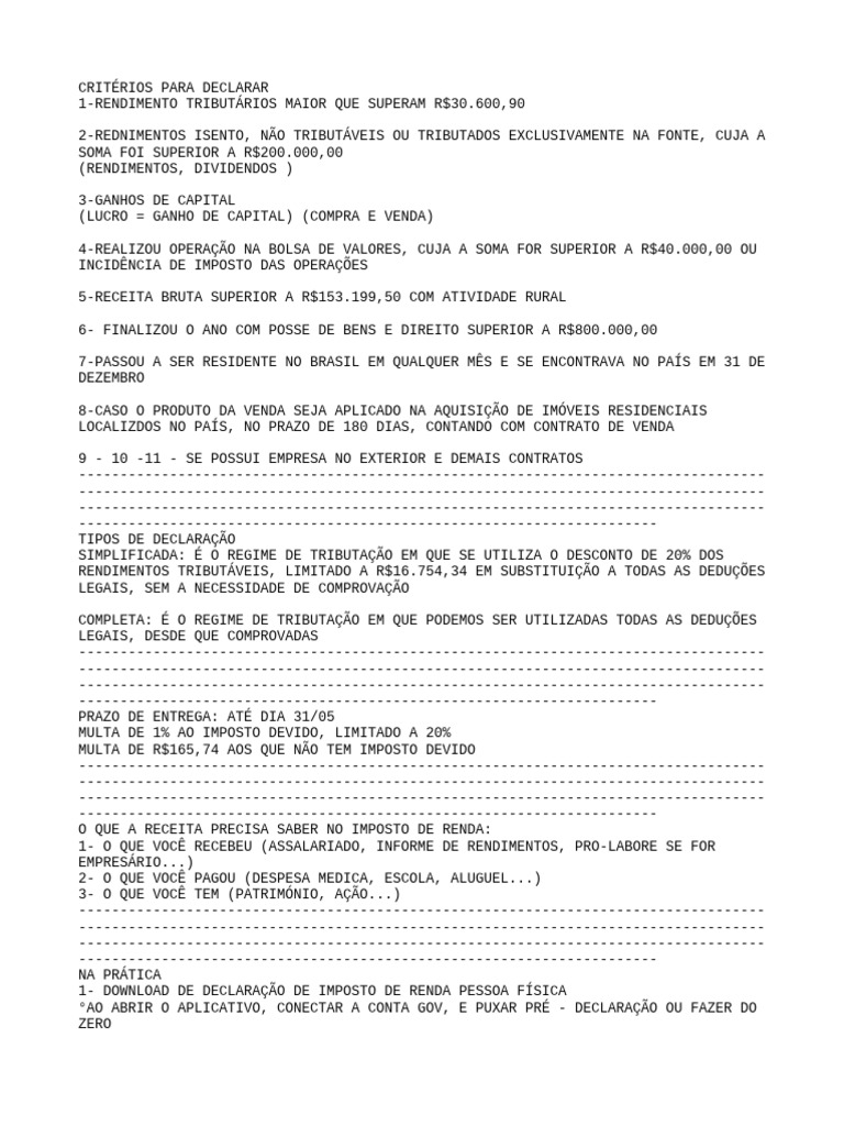 Critérios para Declaração de IR 2023 | PDF | Impostos | Imposto de Renda