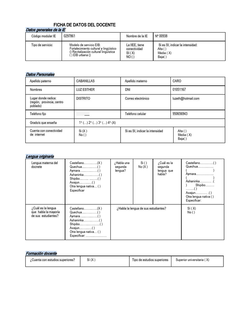 Ficha de Datos del Docente Luz Esther Cabanillas | PDF | Educación más ...
