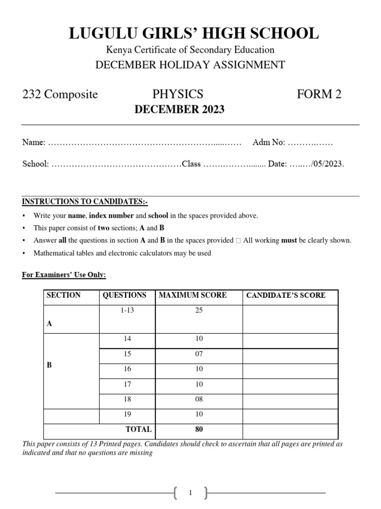 Form 2 Physics Holiday Assignment | PDF | Thermometer | Water
