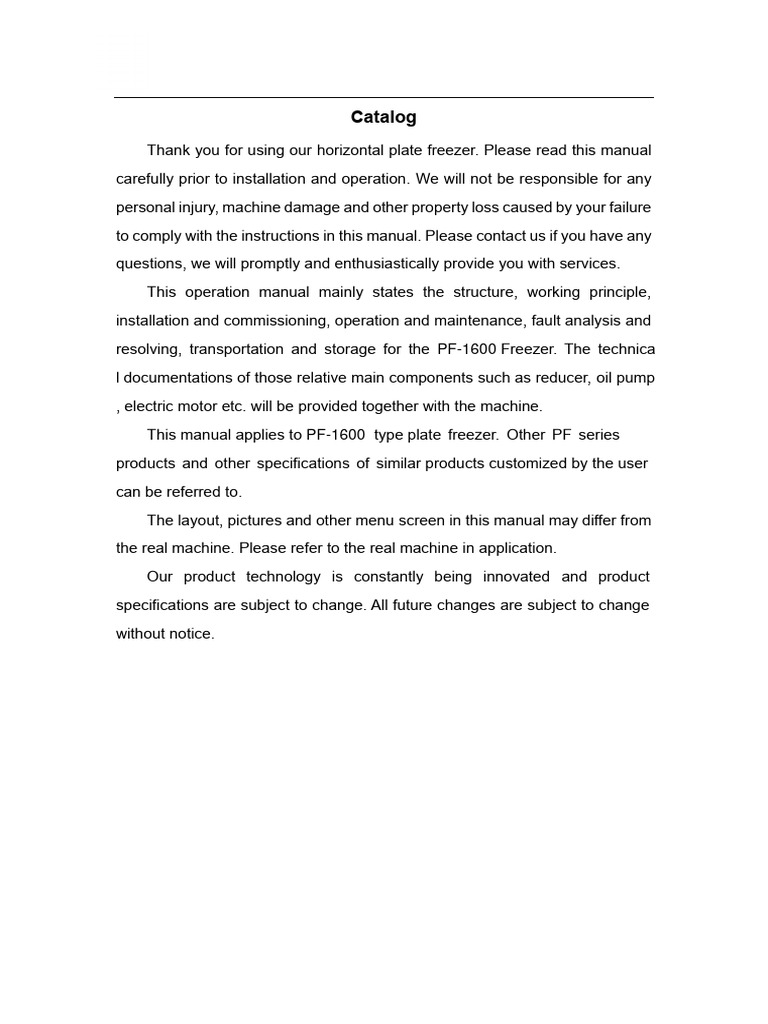 PF-1600 Horizontal Plate Freezer Manual | PDF | Refrigerator | Pump