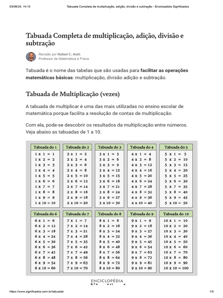 Tabuada Completa: Adição, Subtração, Multiplicação e Divisão | PDF ...