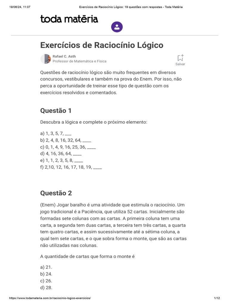 Exercícios de Raciocínio Lógico - 19 Questões Com Respostas - Toda ...