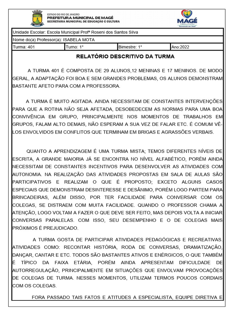 Relatório da Turma 401 - 1º Bimestre 2022 | PDF
