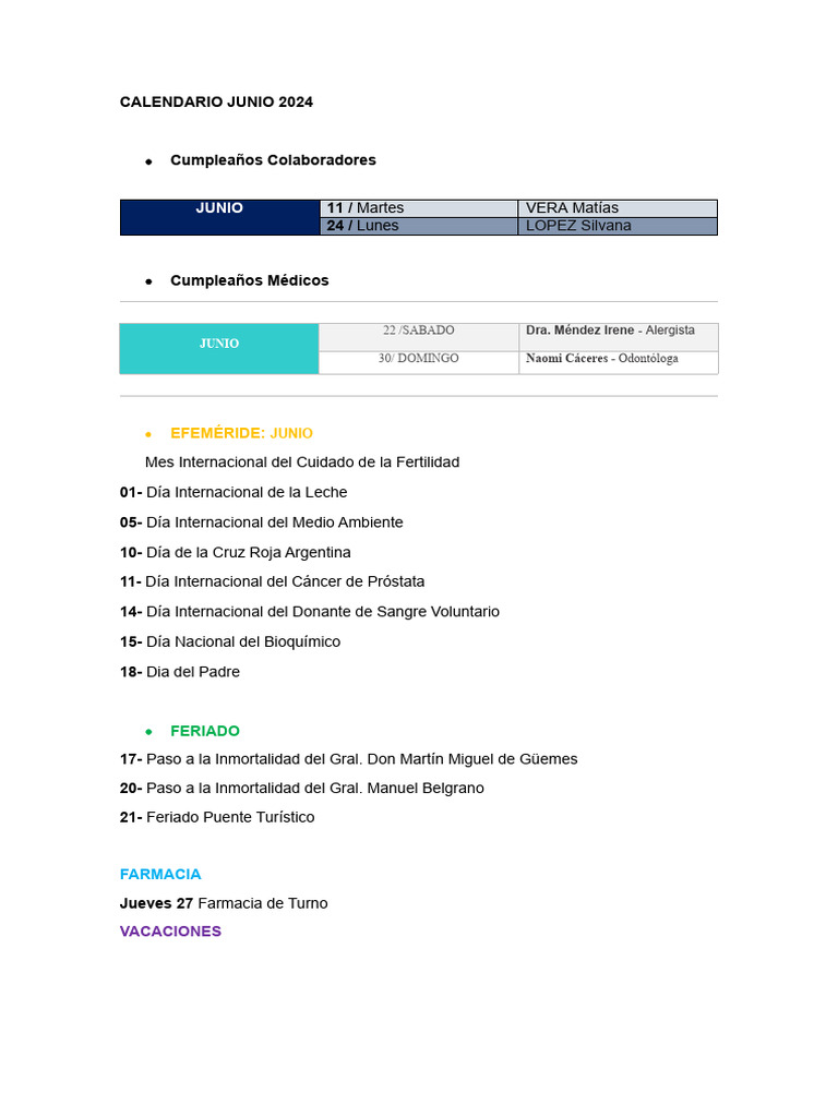 Calendario de Eventos y Cumpleaños Junio 2024 | PDF | Salud y bienestar ...